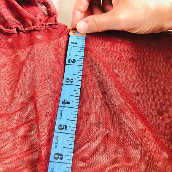 Express Small Petite Sheer Maroon Lacy Top Ruffled Bell 3/4 Sleeves Spotted - Picture 9 of 10